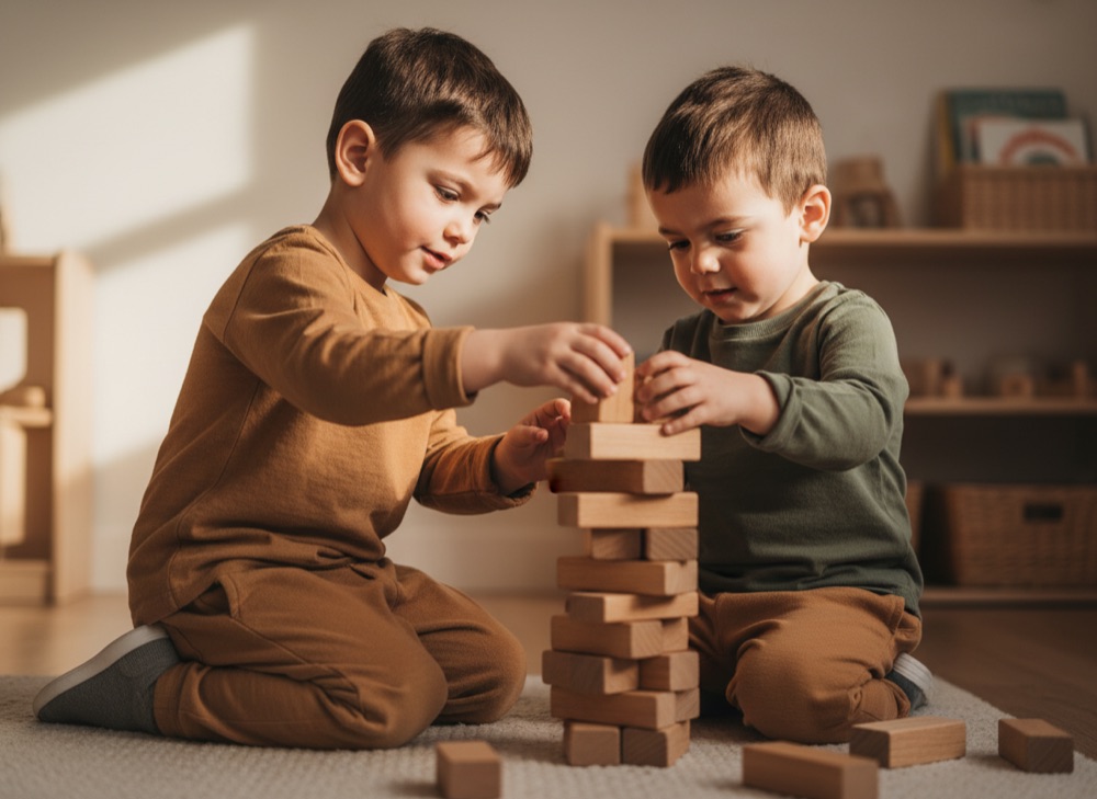 Children engaged in play-based learning with wooden blocks