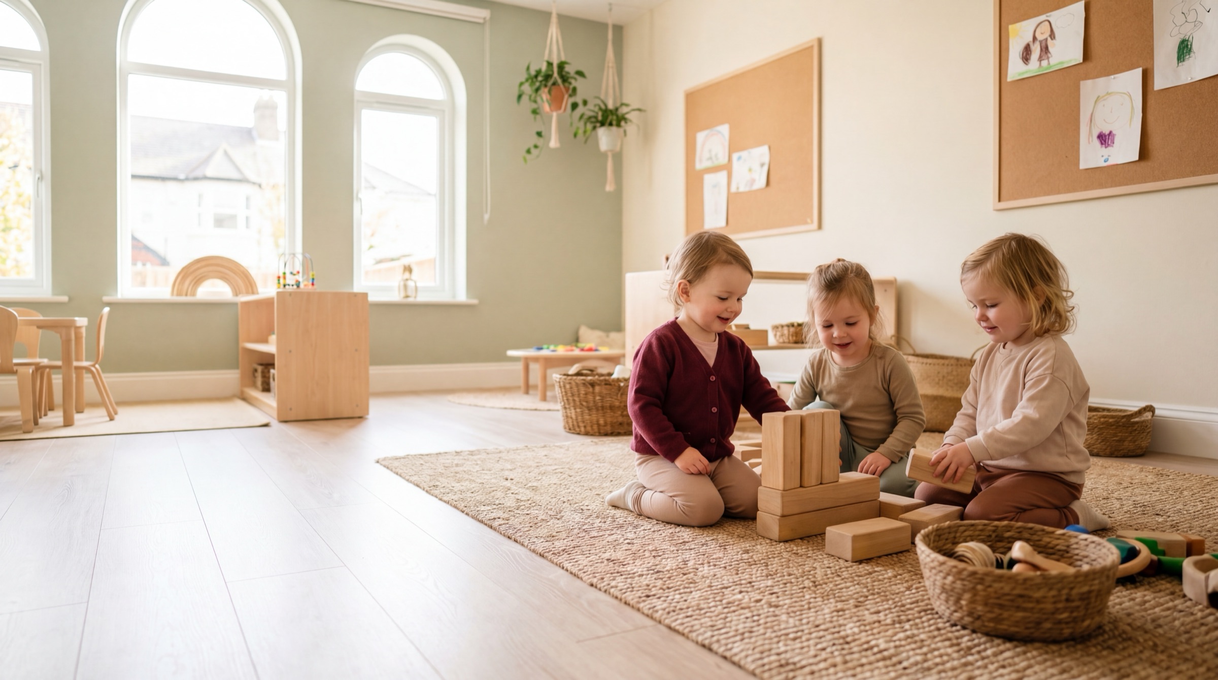 Three young children playing with wooden blocks in a bright St Ultan's early years room